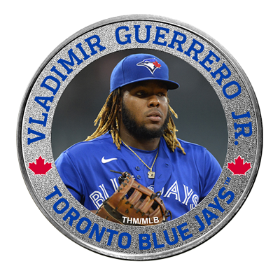 A picture of a 1 oz Toronto Blue Jays Silver Colorized Round- Vladimir Guerrero Jr.